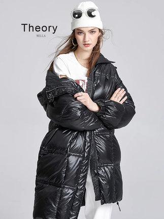 Theory wella新款黄紫黑三色加厚连帽羽绒服女中长款保暖外套冬装