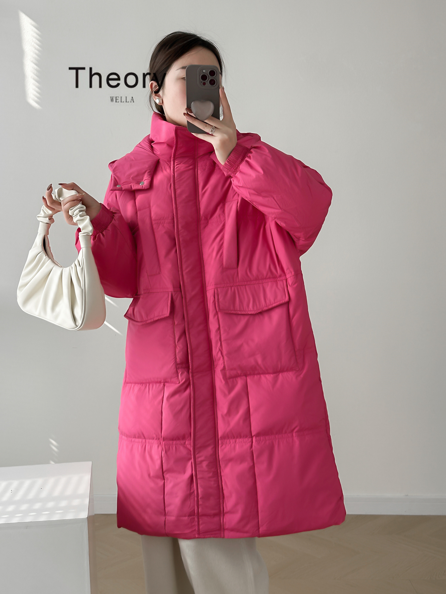 T.heory wella 玫红色羽绒服中长款秋冬季连帽加厚过膝白鸭绒外套
