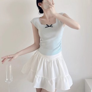 wella蝴蝶结短款 针织衫 小香风飞袖 冰丝短袖 上衣女 T恤夏季 T.heory