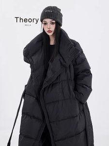 T.heory wella 高级感冬季黑色中长款羽绒服女白鸭绒立领过膝连帽