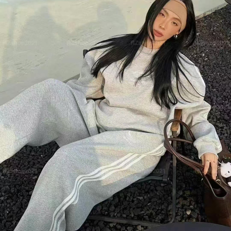 高级感加绒卫衣宽松套装秋冬侧条纹圆领休闲运动服阔腿裤两件套潮