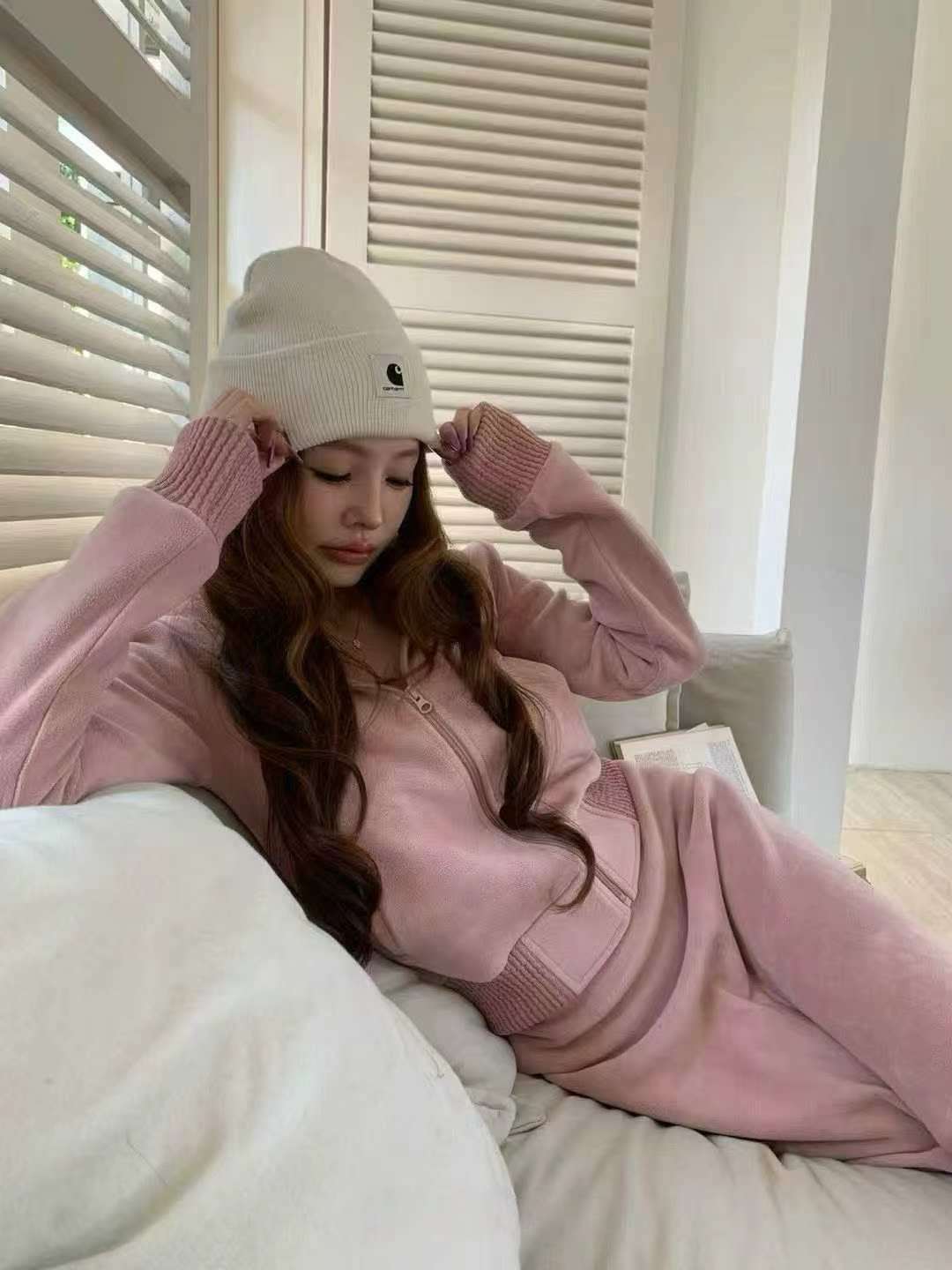 冬季新款韩系连帽双面绒卫衣外套+休闲半身裙显瘦纯色两件套女
