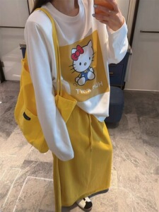 3san实拍秋新韩系休闲套装裙卡通kt猫咪印花长袖T恤+半身裙两件套