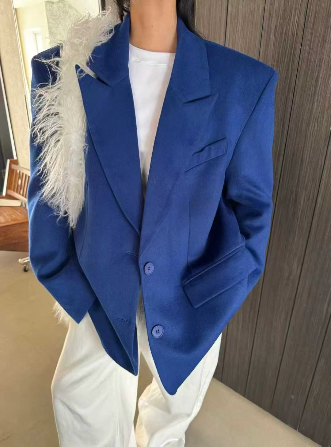 羽绒内胆毛呢西装宽松外套女加厚高级感2025新款冬季气质阔肩西服