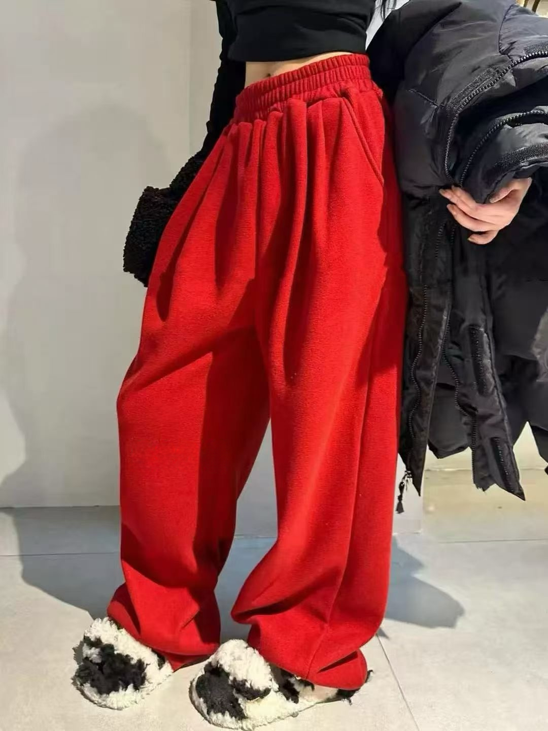 冬季新款加绒加厚卫裤女宽松显瘦百搭休闲运动裤高腰直筒阔腿长裤