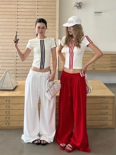 2026春夏新款设计感小众条纹短袖T恤+高腰显瘦阔腿裤套装女两件套