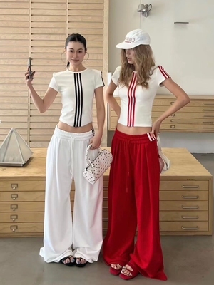 2026春夏新款设计感小众条纹短袖T恤+高腰显瘦阔腿裤套装女两件套