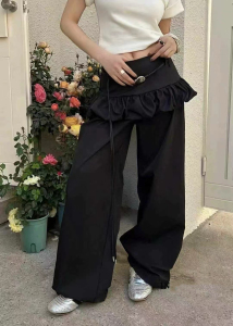早春新款韩系设计感假两件拼接蓬蓬花苞休闲阔腿裤女长裤