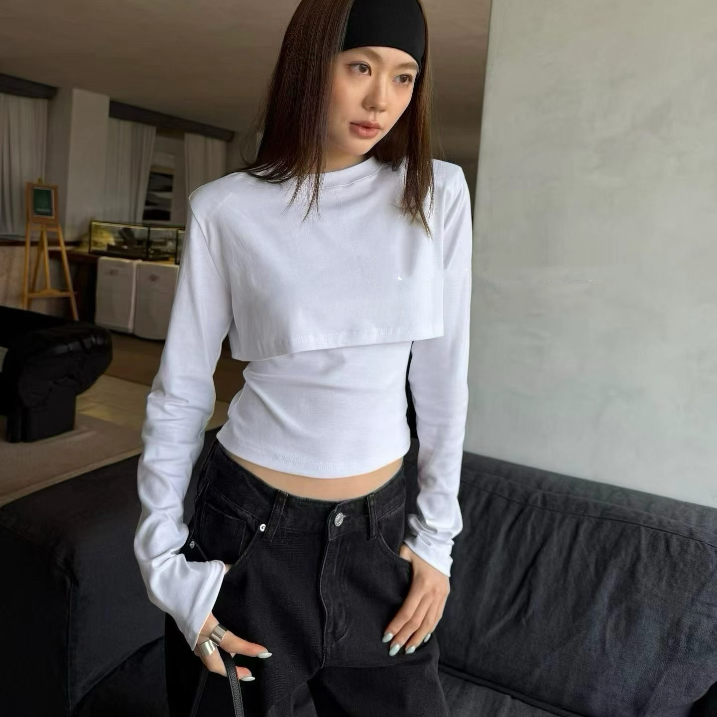 韩系新款设计感小众假两件长袖T恤女修身显瘦百搭打底衫上衣潮