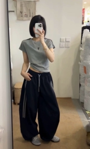 韩系夏新设计感简约刺绣T恤女 连肩袖条纹修身显瘦休闲风百搭上衣