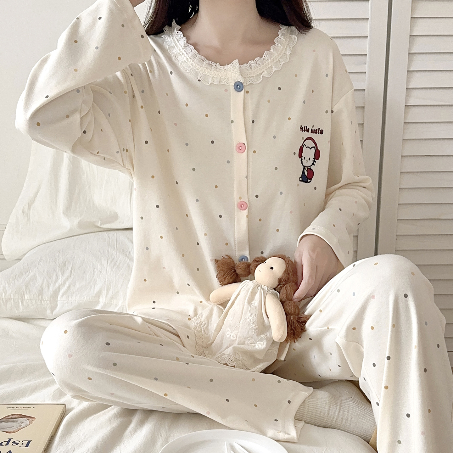 卡通kitty纯棉睡衣女春秋款2025款柔软长袖可外穿套装学生家居服