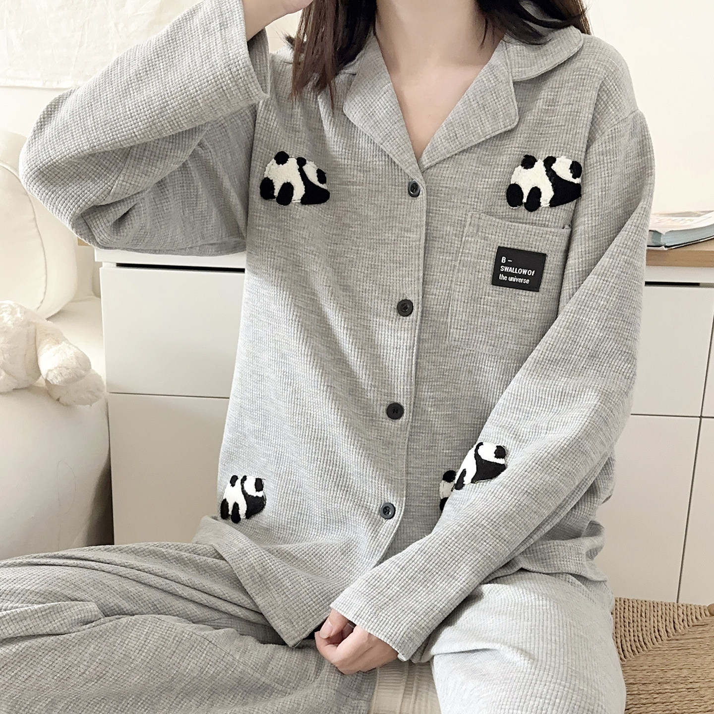 卡通熊猫纯棉睡衣女款华夫格长袖睡衣春秋季可外穿家居服套装冬季,女士内衣/男士内衣/家居服,睡衣/家居服套装,淘宝优惠券,粉丝福利购,淘宝优惠卷