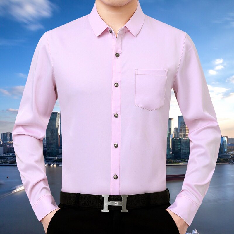 季中老年男士蚕桑丝长袖衬衫职业工装纯色真口袋衬衣秋爸爸装