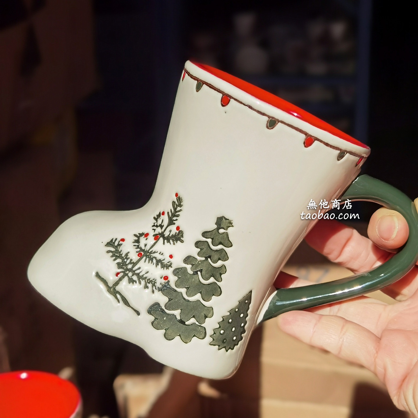 無他商店 浮雕圣诞树靴子杯圣诞系列陶瓷马克杯牛奶杯早餐杯创意