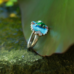 和合大仙人 清代古董孤品 听取蛙声一片 呱呱来财老银珐琅开口戒