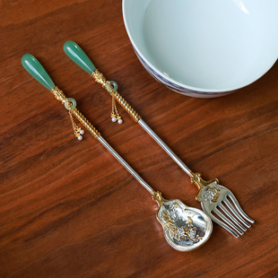 和合大仙人 原创自制宫廷风复古东陵玉雕花叉子勺子 甜品餐具成套