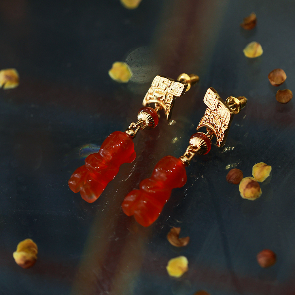 和合大仙人 原创自制 国风新中式高古风 古董红玛瑙s925银针耳环