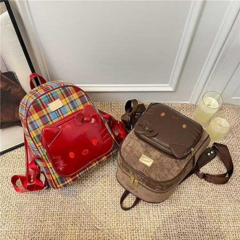 韩版红格子kt猫双肩包