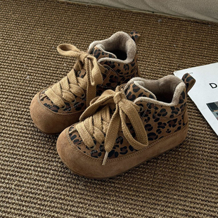 豹纹高帮加绒儿童面包鞋女童冬鞋2025新款保暖宝宝二棉鞋男童休闲