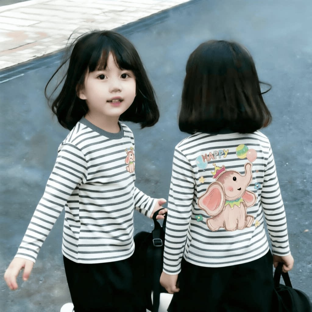 女童春秋纯棉条纹长袖小众卡通粉色小象套头衫宝宝韩版新风尚T恤