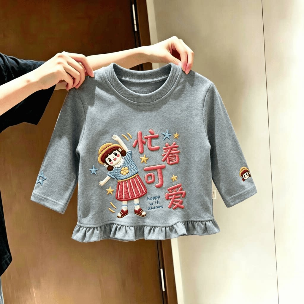 长袖中小童T恤女童春秋季时尚荷叶花边下摆百搭外穿儿童舒适上衣t