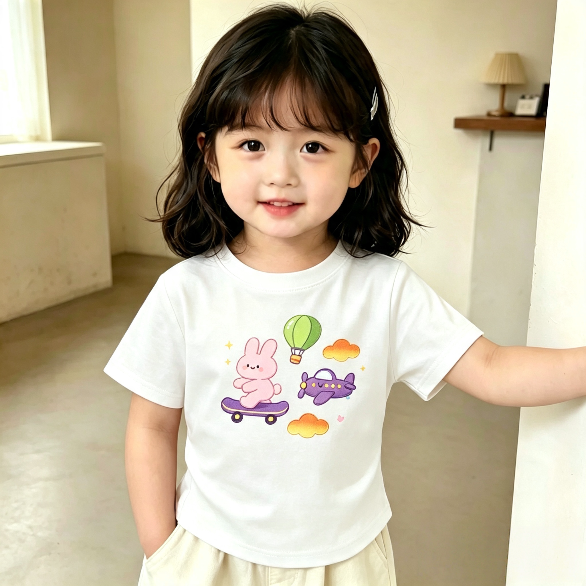 女孩短袖2026新款纯棉卡通兔子滑板图案夏季儿童T恤潮流个性上衣t