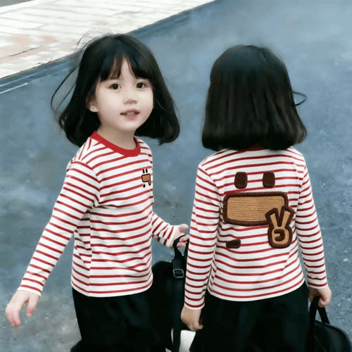 女童春秋纯棉条纹长袖可爱卡通比耶手势套头衫宝宝潮流设计感T恤