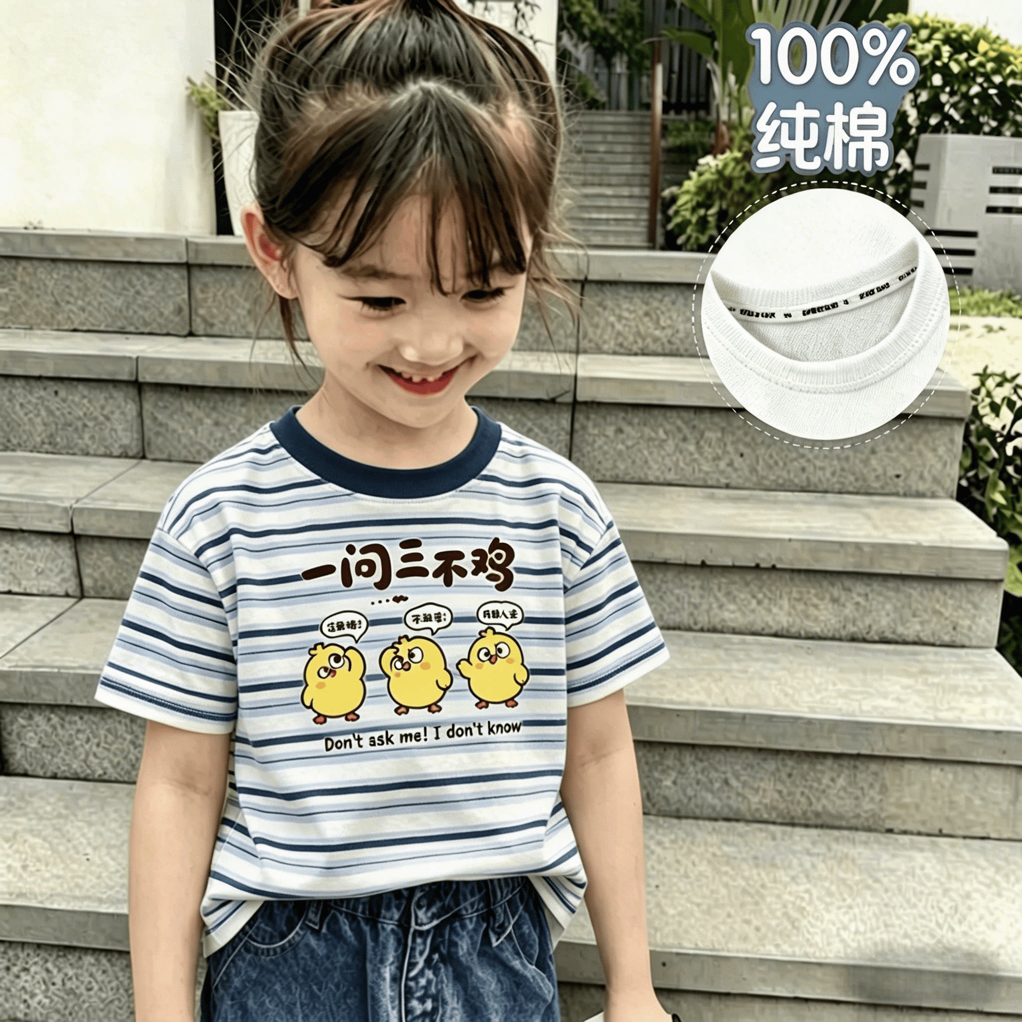 100%纯棉女童短袖T恤夏季新款中小儿童可爱条纹拼色印花轻薄上衣