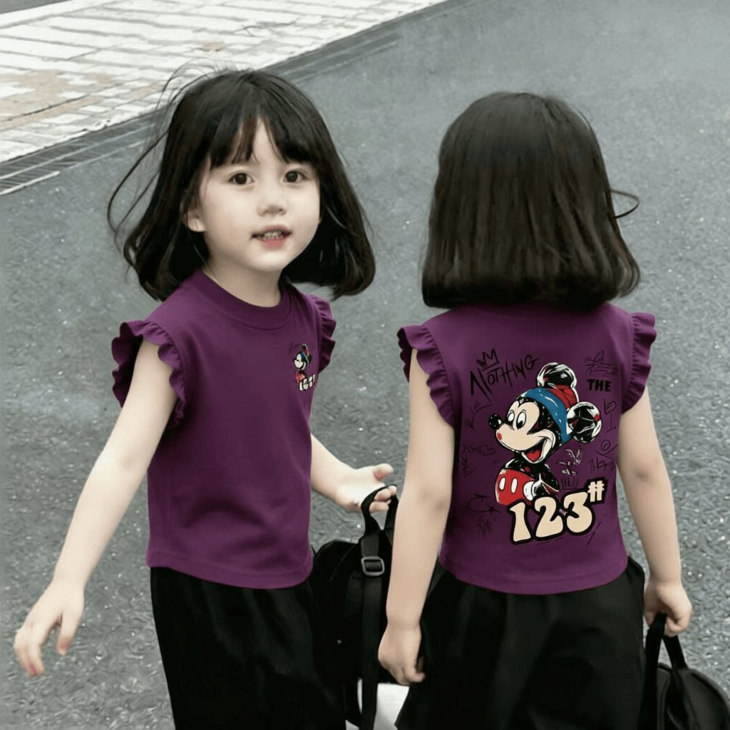 新款纯棉女孩印花飞袖儿童T恤背心中小童可爱夏季新风尚吸汗上衣