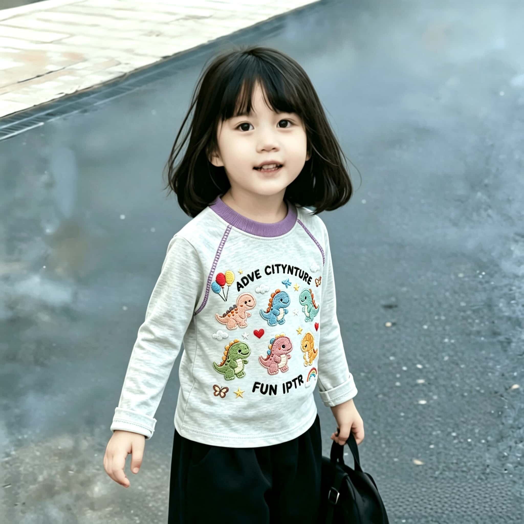 春秋中小童2026个性明线装饰卡通印花纯棉女宝宝撞色长袖T恤上衣t