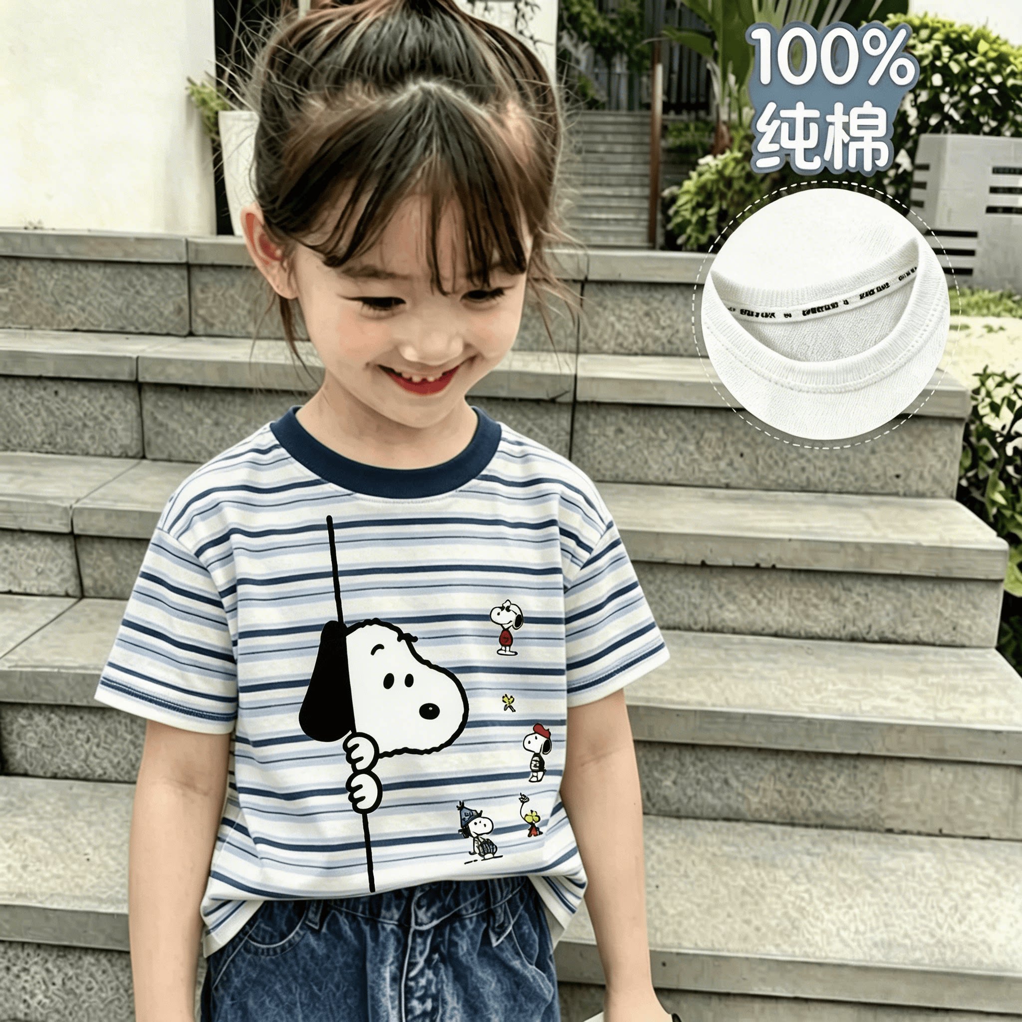 100%纯棉女童短袖T恤夏季新款中小儿童可爱条纹拼色百搭轻薄上衣
