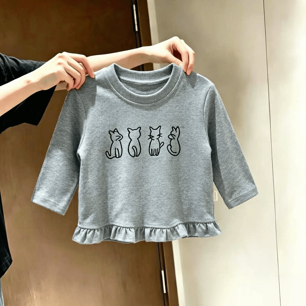 中小童长袖T恤女童春秋款洋气荷叶花边下摆洋气上衣儿童舒适上衣t