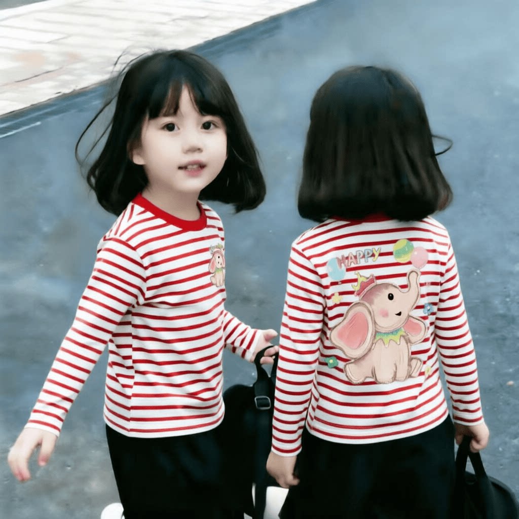 女童春秋纯棉条纹长袖小众卡通粉色小象套头衫宝宝韩版新风尚T恤