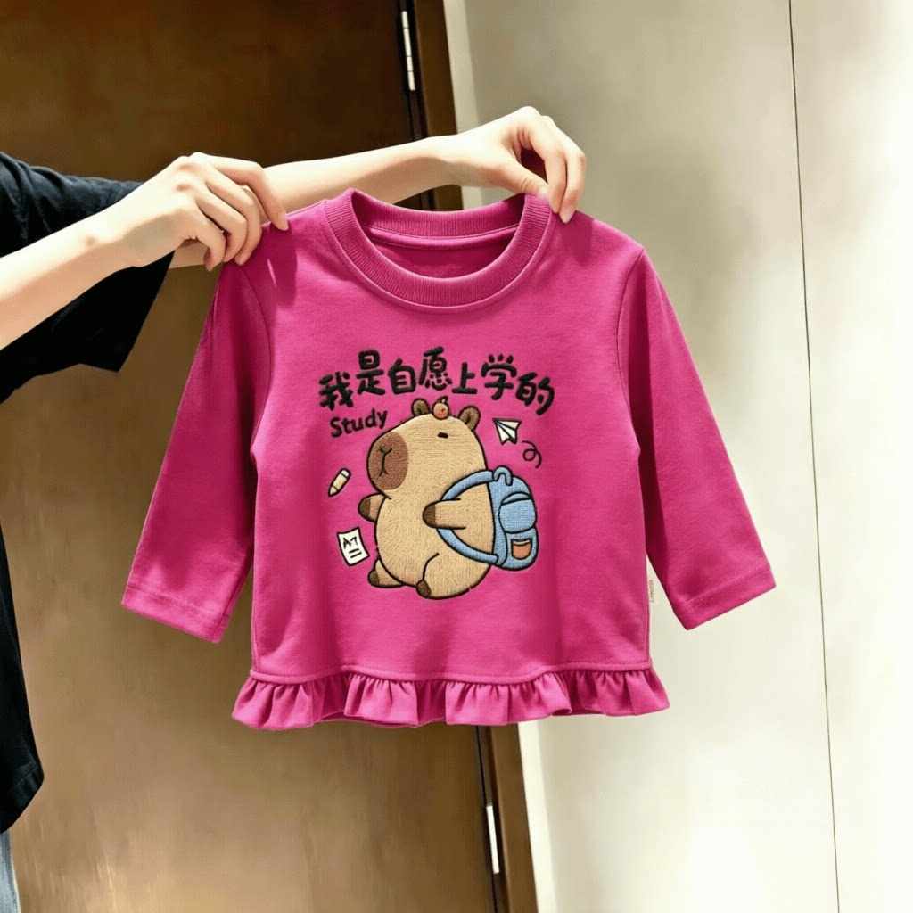 女童长袖T恤春秋款甜美荷叶花边下摆洋气上衣儿童百搭中小童上衣t