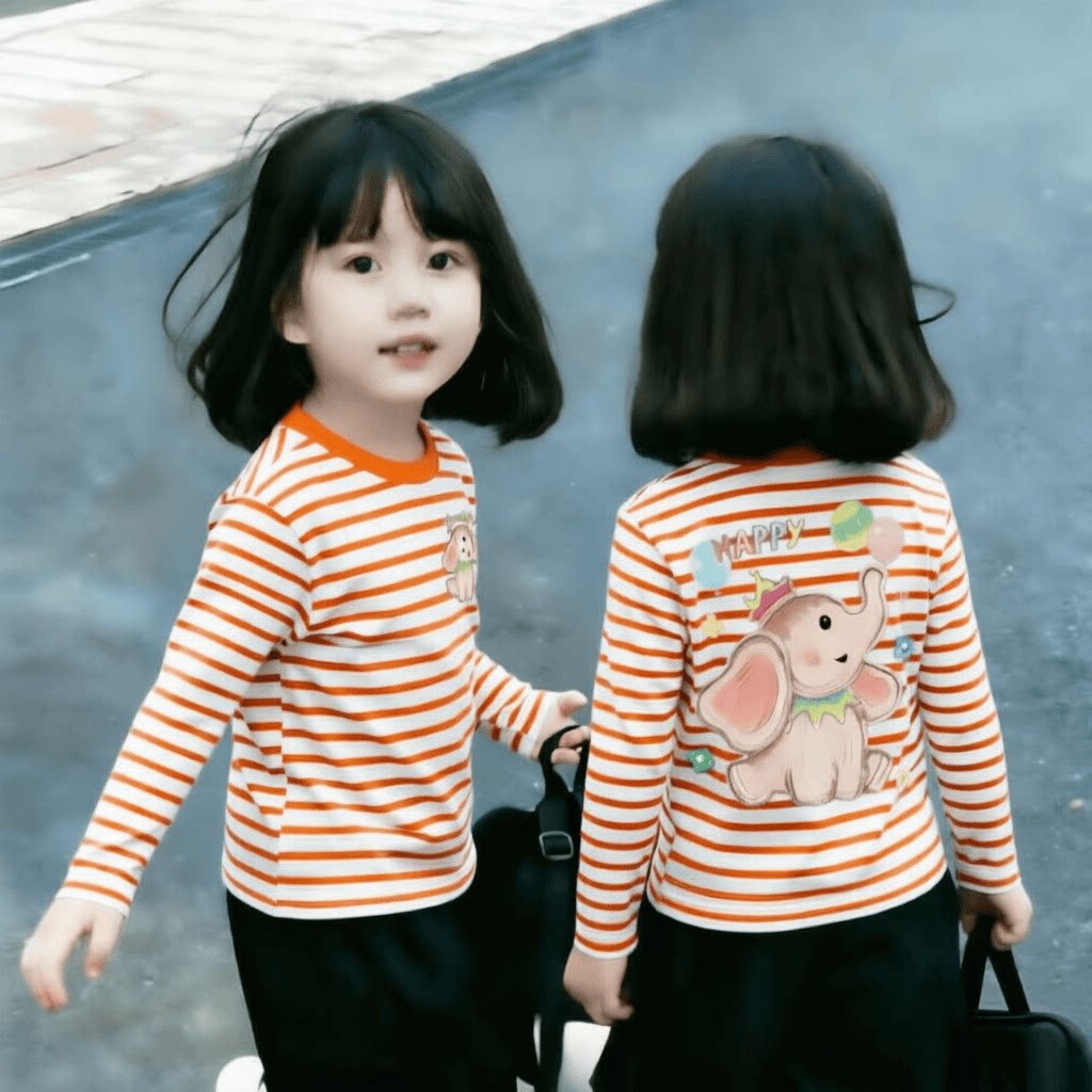 女童春秋纯棉条纹长袖小众卡通粉色小象套头衫宝宝韩版新风尚T恤