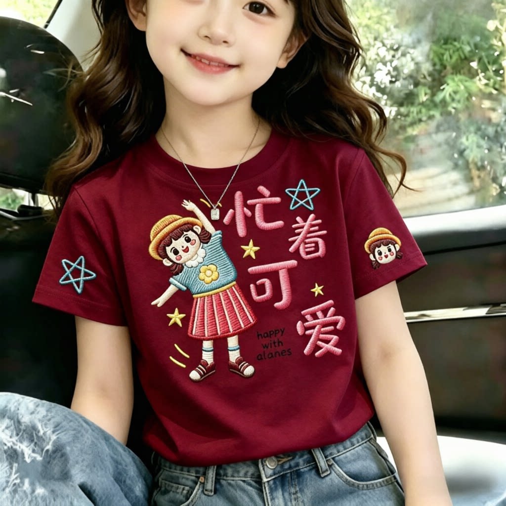 女孩100%纯棉短袖夏季新款印花卡通设计感女童中小童T恤圆领上衣