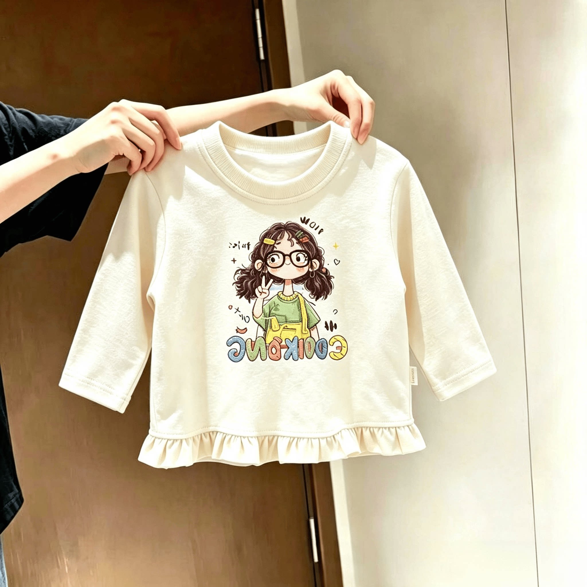 中小童长袖T恤女童春秋款可爱荷叶花边下摆洋气上衣儿童百搭上衣t