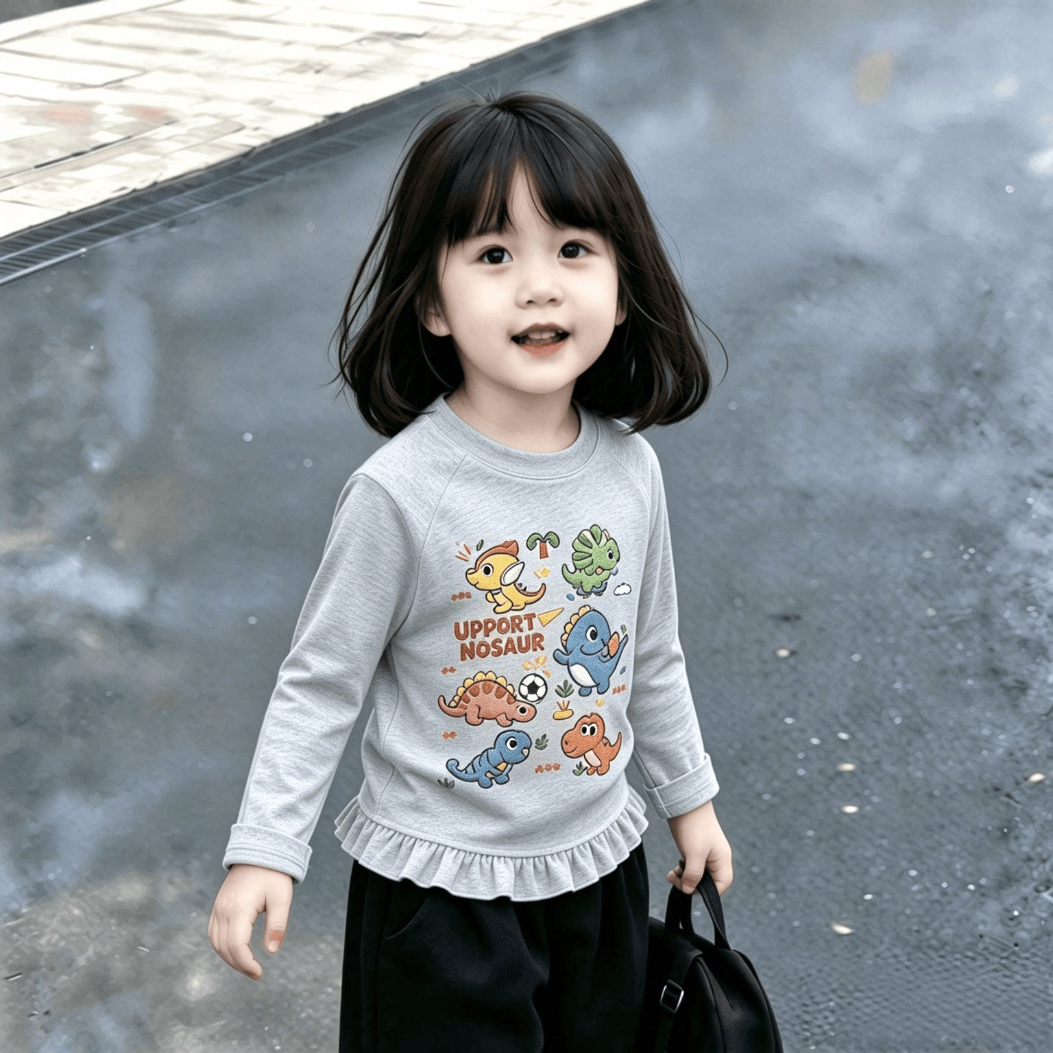 女童时尚春秋装2026秋季新款T恤打底衫上衣长袖荷叶花边下摆卡通t