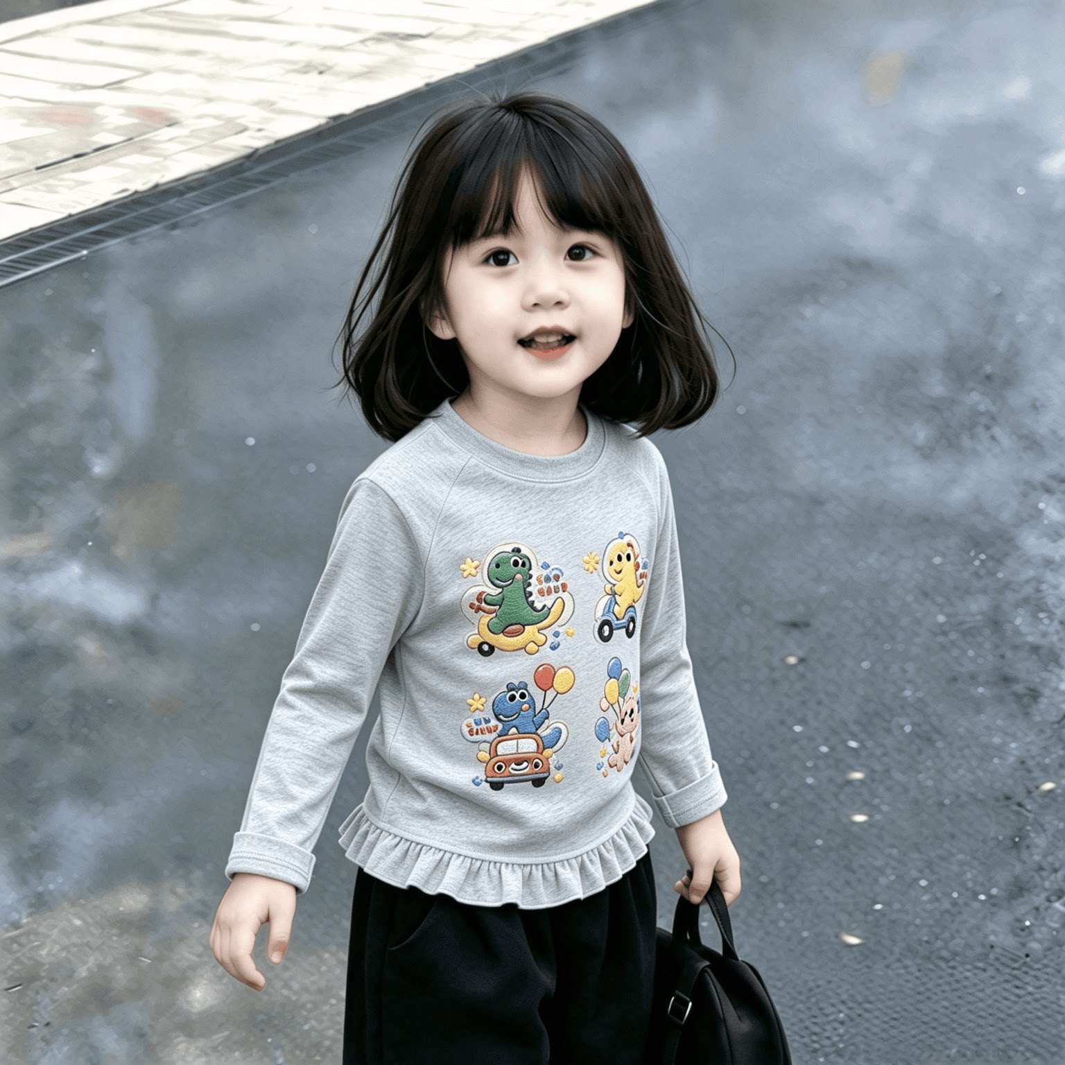 女童时尚春秋装2026秋季新款T恤打底衫上衣长袖荷叶花边下摆卡通t
