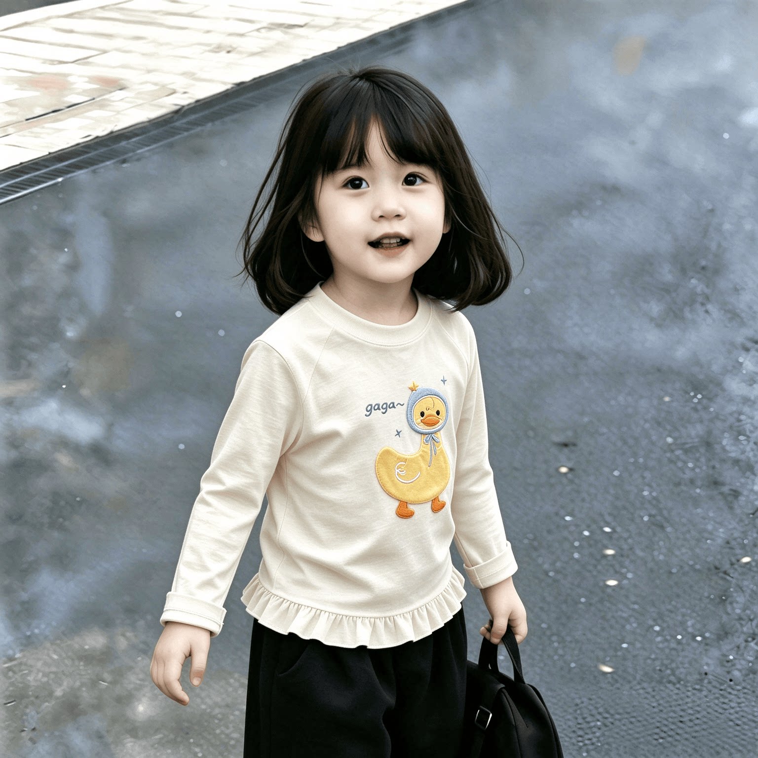 韩系女童圆领打底上衣可爱超萌卡通印花荷叶下摆宝宝春秋洋气T恤