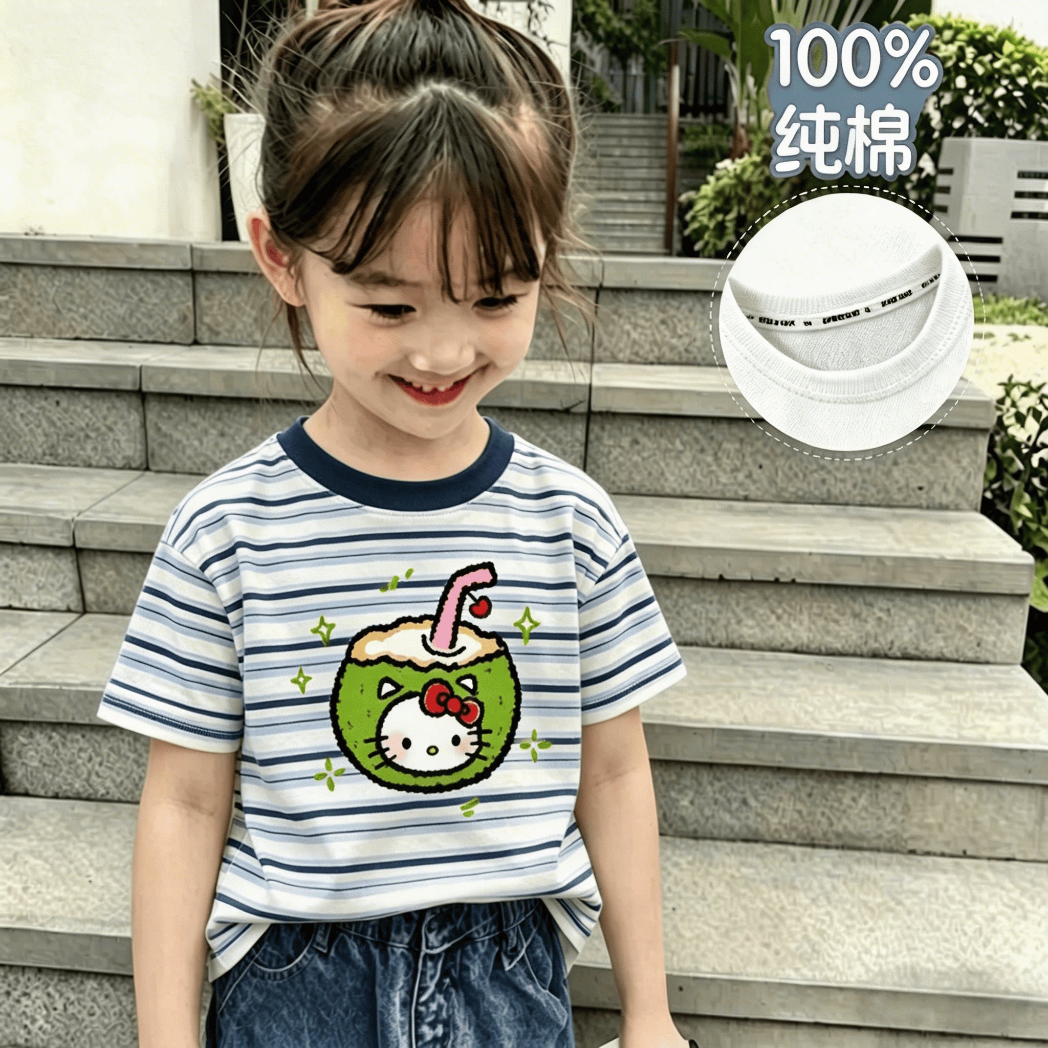 100%纯棉女童短袖T恤夏季新款中小儿童可爱条纹拼色印花轻薄上衣