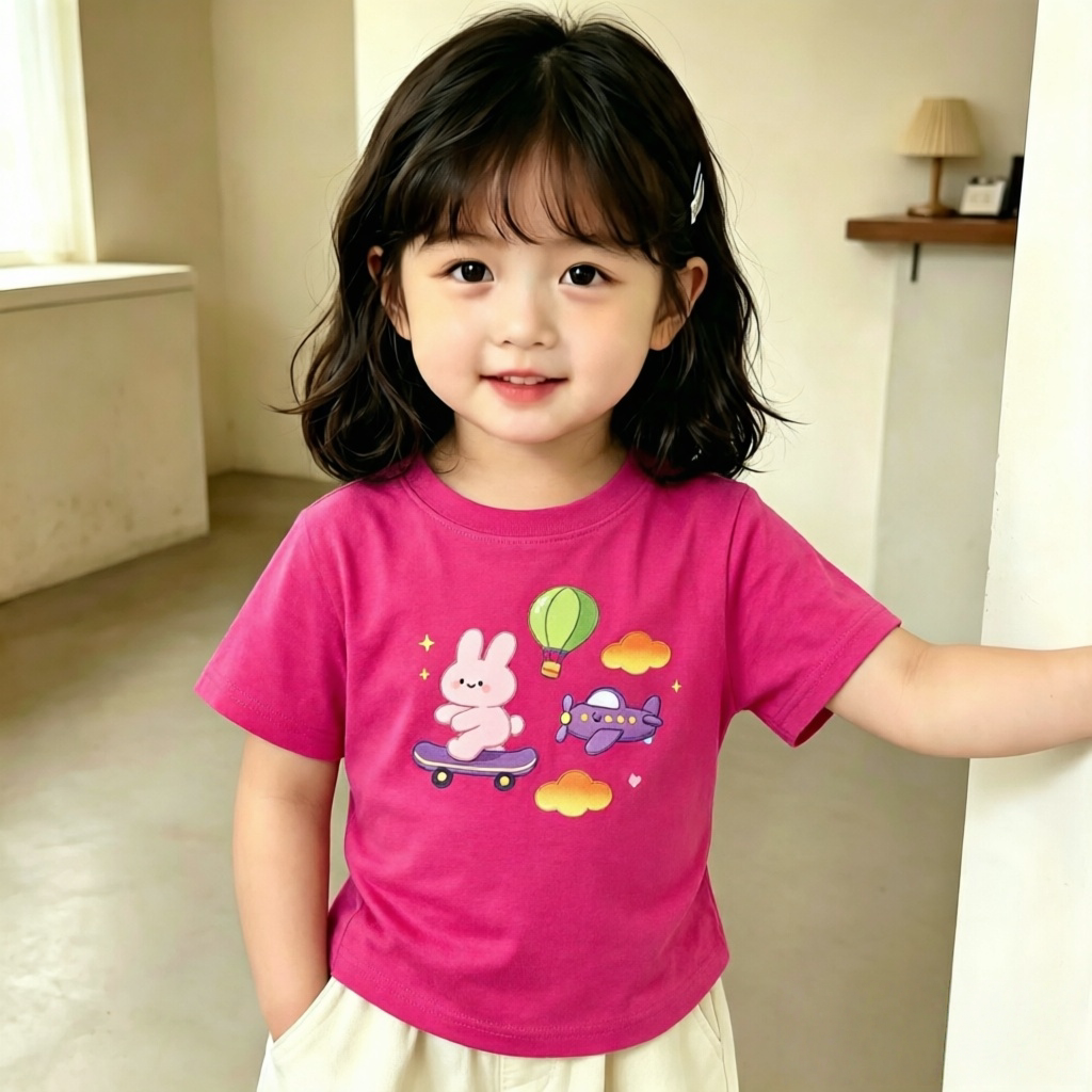 女孩短袖2026新款纯棉卡通兔子滑板图案夏季儿童T恤潮流个性上衣t