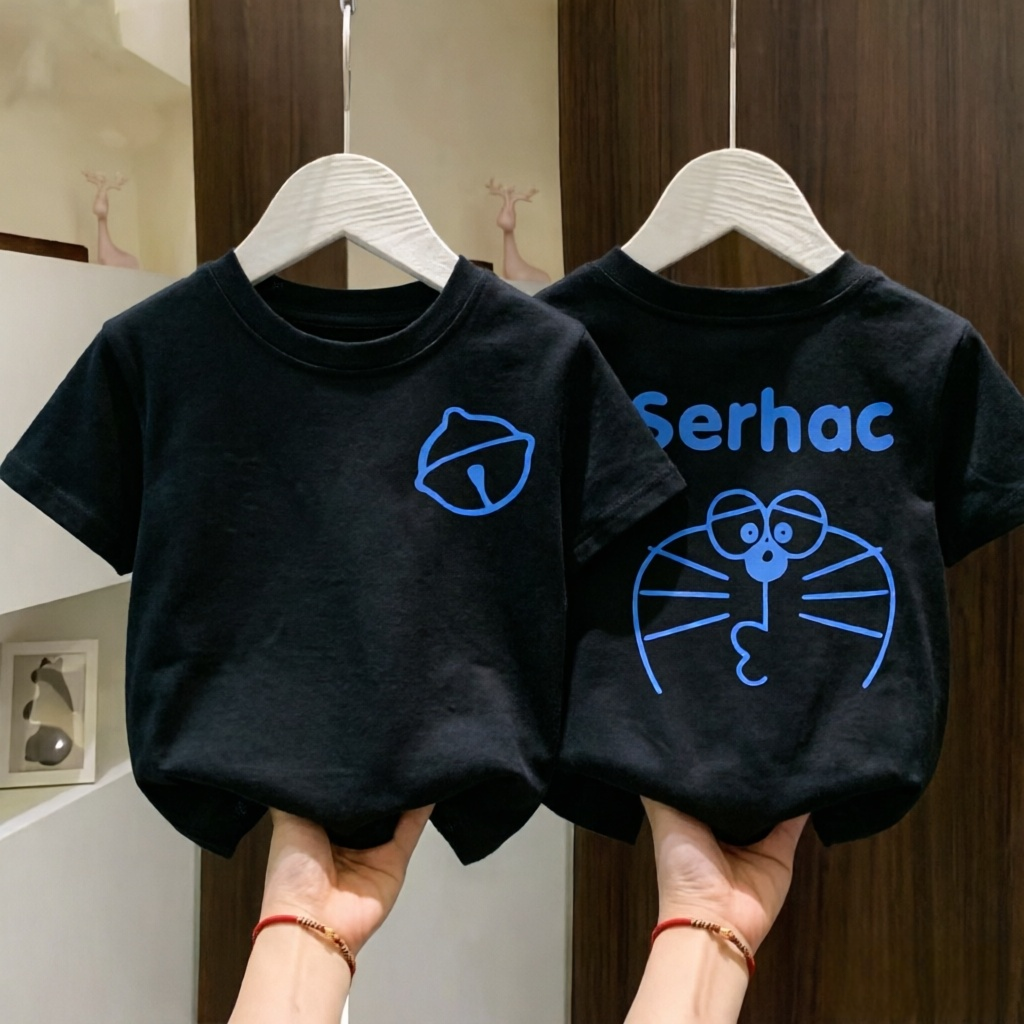 纯棉男童女童纯色透气短袖上衣圆领中小儿童卡通哆啦A梦叮当猫T恤