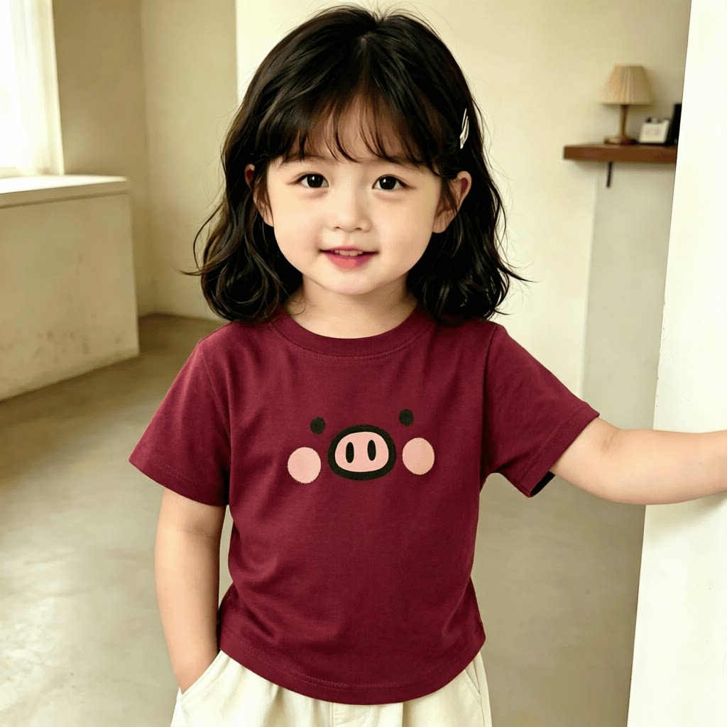 卡通粉色小猪2026女孩子短袖纯棉新款夏季儿童T恤百搭萌趣上衣T恤