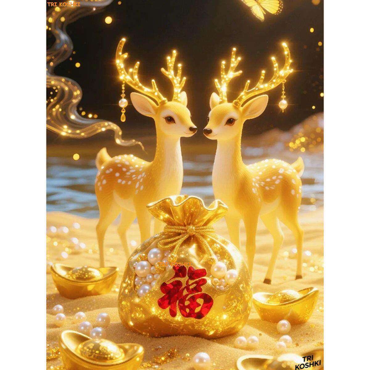 福禄双全梅花鹿小鹿装饰画玄关客厅房间招财好寓意墙贴画福袋贴纸