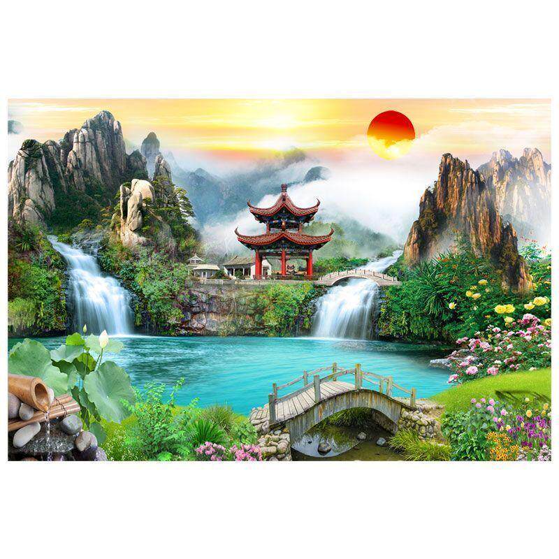 仙家堂口山水画流水生财小桥亭子仙堂无活动物有山有水风景自粘贴