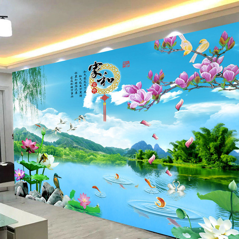 中式自粘山水墙贴画流水