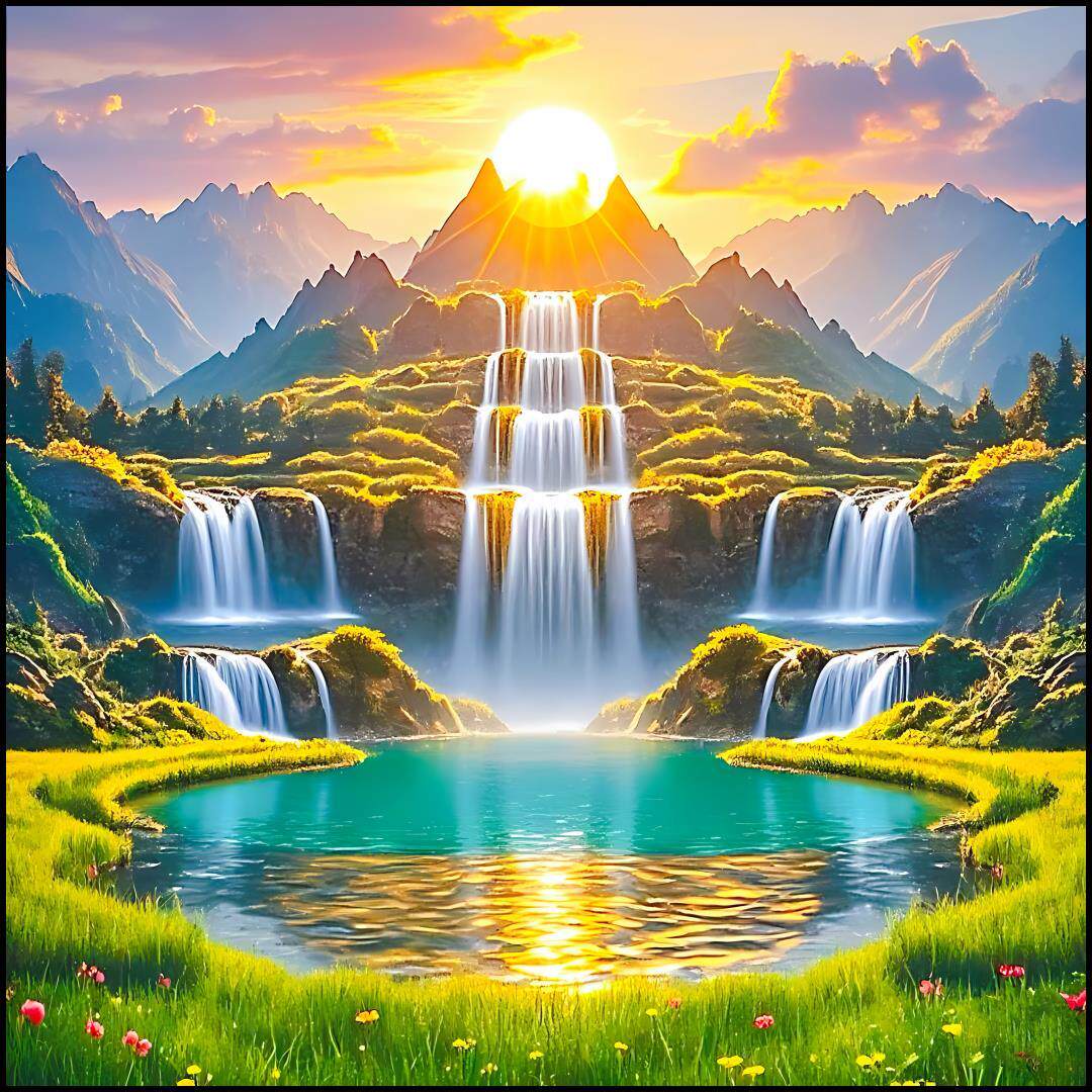 聚宝盆瀑布山水贴画日照金山聚财吸财玄关客厅背景自粘海报贴画