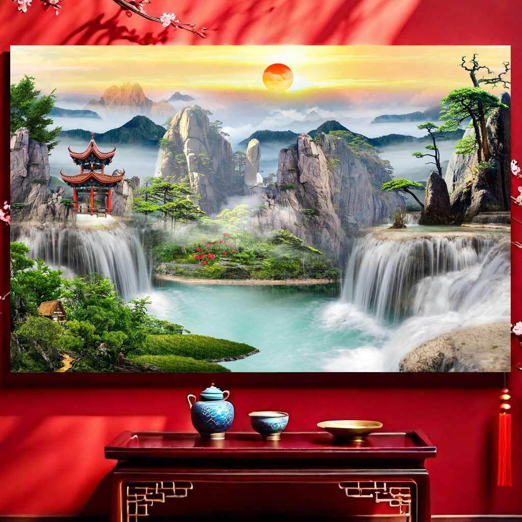 无动物山水贴画免打孔自粘客厅中堂背景图招财纳福墙纸3d立体壁画