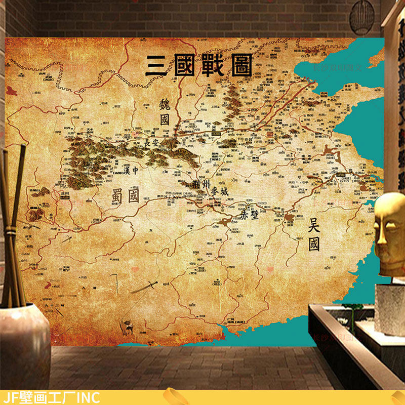 魏蜀吴三国战图墙布壁画刀叉剑戟斧钺钩赤壁麦城长安荆州地图墙纸